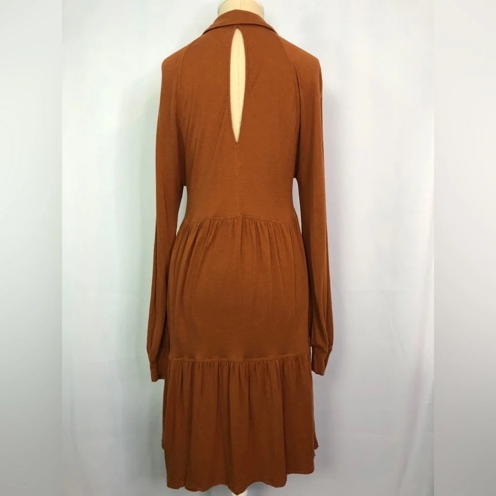 Free People Tiered Keyhole Boho Rayon Blend Long Sleeve Dress Rust Size XS